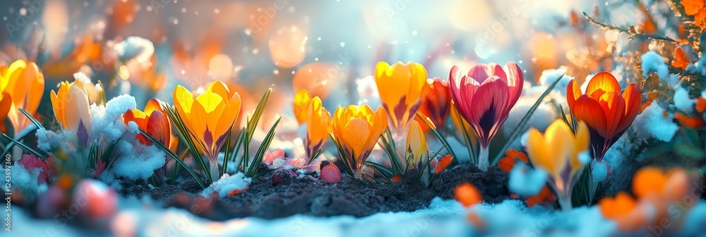 Fototapeta premium Spring s First Bloom Colorful Crocus Flowers Emerge from Snowy Ground in Stunning Bokeh Light