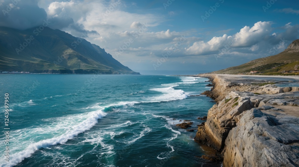 Serene coastal landscape showcasing the dramatic meeting of sea and land with rugged cliffs and rolling waves under a cloudy sky. Serene coastal landscape showcasing the dramatic meeting of sea and land with rugged cliffs and rolling waves under a cloudy sky.