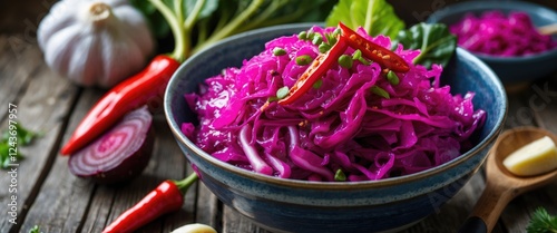 Vibrant bowl of fermented cabbage with beetroot, red pepper, and garlic on a rustic wooden surface, showcasing colorful and healthy ingredients. photo