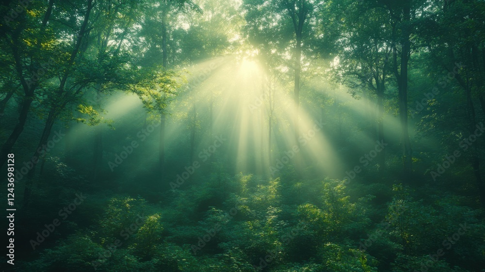 Fototapeta premium Tranquil forest bathed in soft sunlight, earthy tones blending harmoniously, evoking peace and natural serenity.