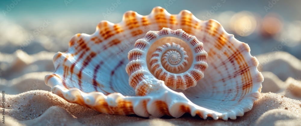 Obraz premium Intricately patterned sea shells displayed on sandy beach evoking a sense of coastal beauty and natural elegance