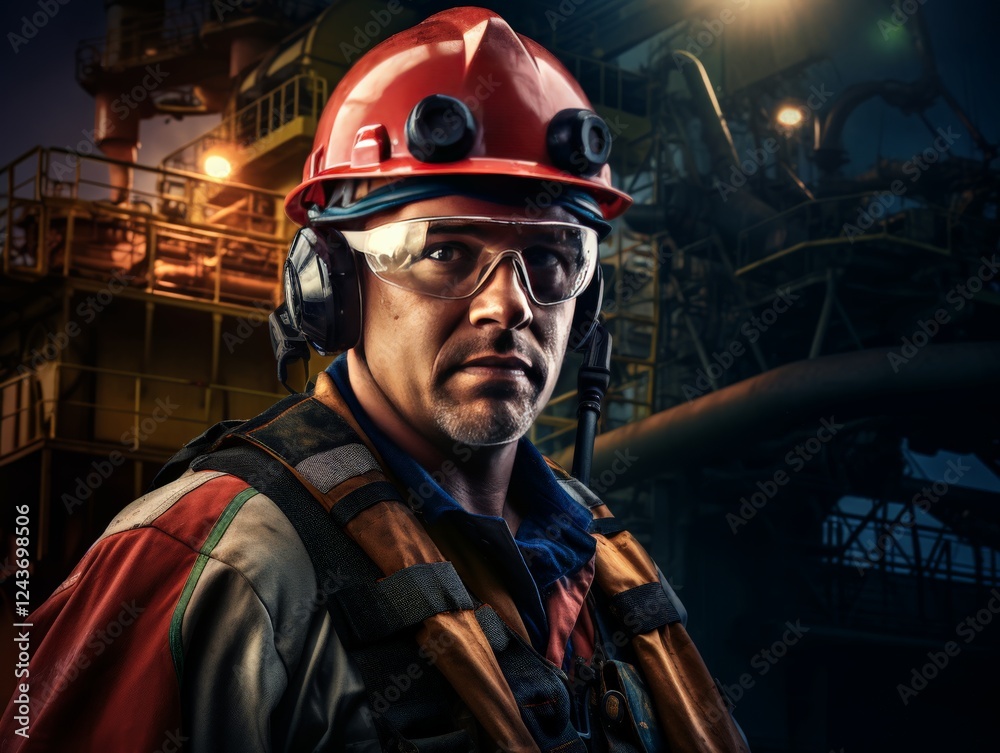 Industrial worker portrait offshore oil rig professional image nighttime setting focus on safety and determination Industrial worker portrait offshore oil rig professional image nighttime setting focus on safety and determination