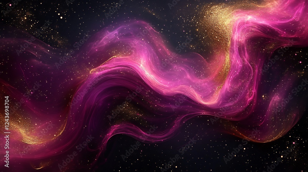 Abstract cosmic design with swirls of deep magenta and gold on a dark backdrop evoking the vast timeless power of love and connection Abstract cosmic design with swirls of deep magenta and gold on a dark backdrop evoking the vast timeless power of love and connection