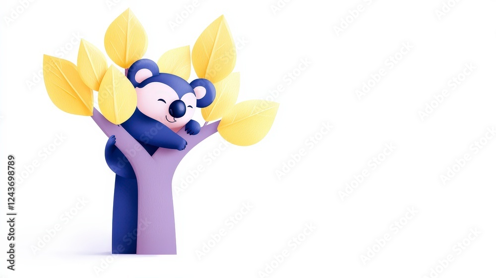 Fototapeta premium Cute cartoon koala character resting on colorful tree leaves