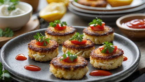 Miniature gourmet crab cakes plated with garnishes and sauces on a dark stone surface with space for text or branding elements. photo