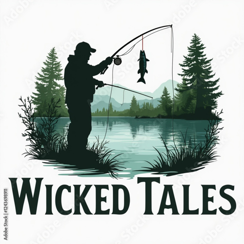 A vintage-style graphic featuring the words "Wicked Tales" in bold, stylized lettering, with a fishing rod and a fish caught on the line.