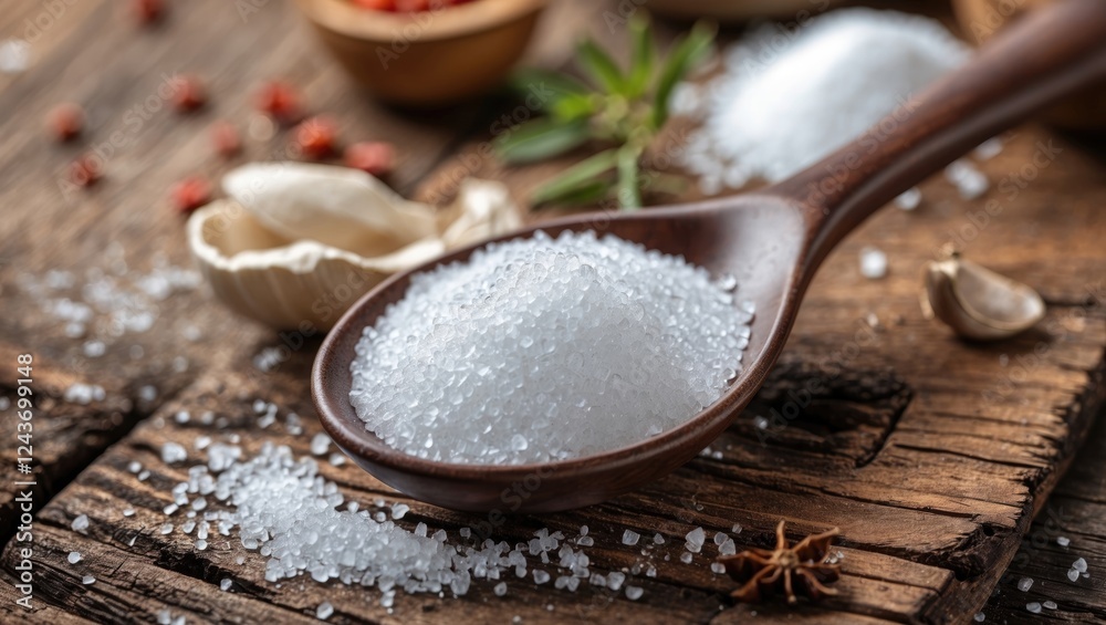Spoon of sea salt on rustic wooden table surrounded by spices and herbs, perfect for culinary use, with plenty of copy space for text. Spoon of sea salt on rustic wooden table surrounded by spices and herbs, perfect for culinary use, with plenty of copy space for text.