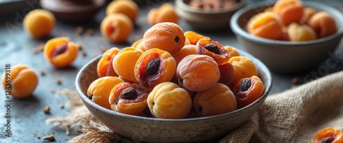 Sun-dried arashan kandak apricots in a rustic bowl on textured surface, healthy snack concept with vibrant natural colors and textures. photo