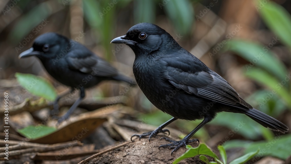 Obraz premium Small black birds perched on the forest floor among foliage in Cuba, showcasing their natural habitat and intriguing behavior.