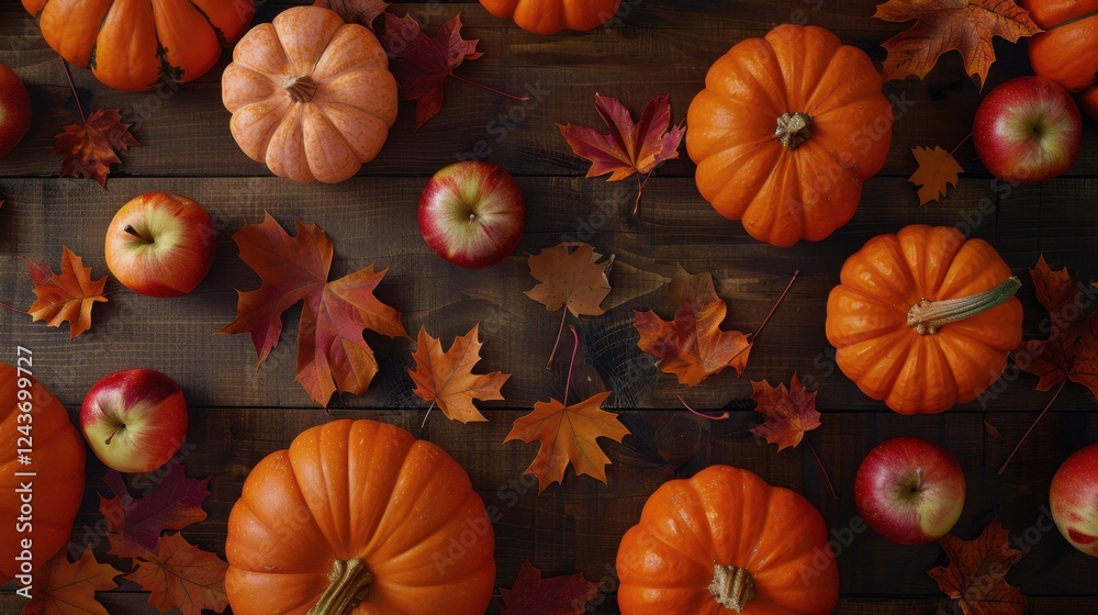 Autumn Harvest Still Life: Pumpkins Apples and Maple Leaves on Rustic Wood Autumn Harvest Still Life: Pumpkins Apples and Maple Leaves on Rustic Wood