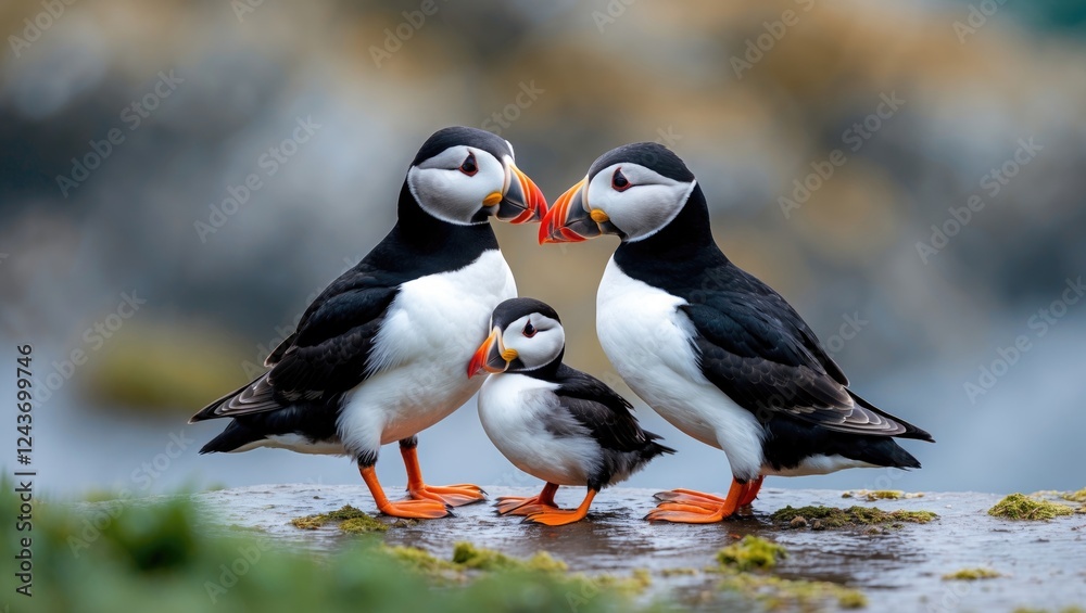 Fototapeta premium Atlantic Puffins Family Together with Young Bird on Rock Natural Habitat Setting