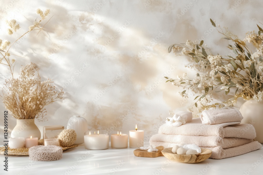 Obraz premium Conjunto de itens de spa com toalhas, velas e elementos decorativos em tons neutros, capturados com luz natural suave, criado com IA generativa.