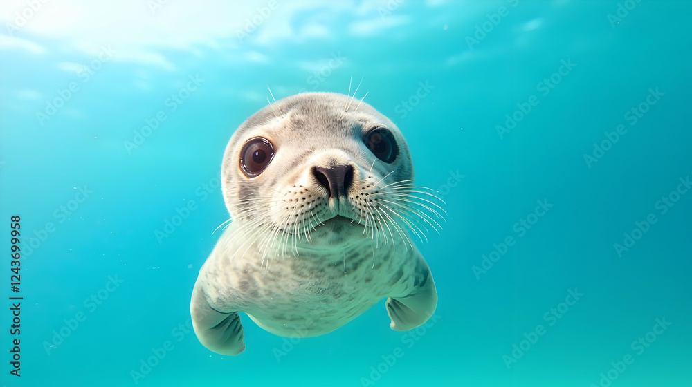 Fototapeta premium Cute seal pup underwater, ocean background, wildlife