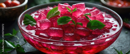 A vibrant bowl of translucent ruby-red kolang-kaling garnished with fresh leaves showcasing an enticing Asian dessert presentation. photo