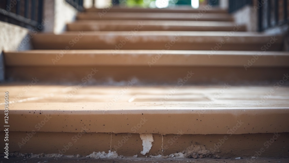 Cement staircase with a focus on the lower step highlighting texture and depth with blurred surrounding steps in a warm, inviting setting. Cement staircase with a focus on the lower step highlighting texture and depth with blurred surrounding steps in a warm, inviting setting.