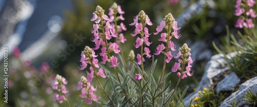 Alpine Pink Flowers in Bloom against Rocky Landscape, showcasing Fireweed (Epilobium Angustifolium) in Vanoise Mountains photo