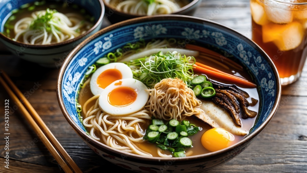 Gourmet ramen bowl with fresh noodles, eggs, vegetables, and a refreshing iced beverage in an inviting wooden setting. Gourmet ramen bowl with fresh noodles, eggs, vegetables, and a refreshing iced beverage in an inviting wooden setting.