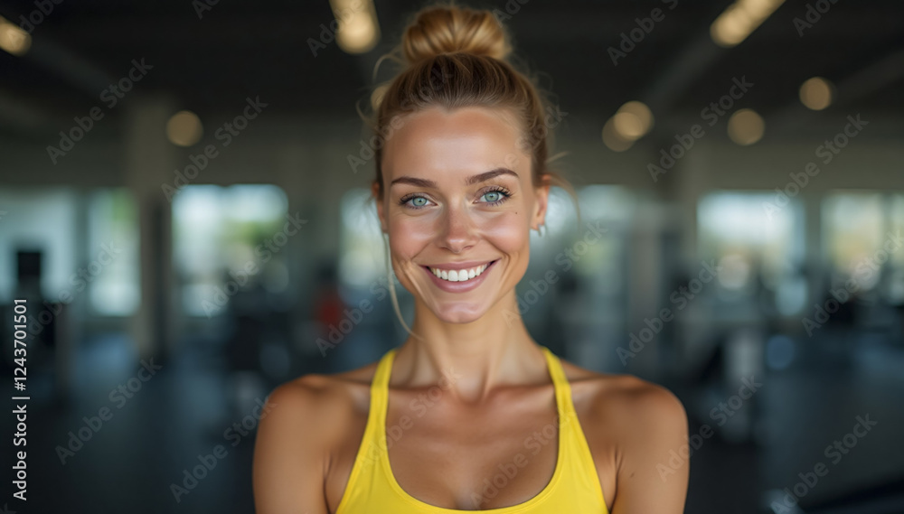 Portrait of a Fit Dutch Woman at the Gym Wearing a Yellow Sports Bra Portrait of a Fit Dutch Woman at the Gym Wearing a Yellow Sports Bra