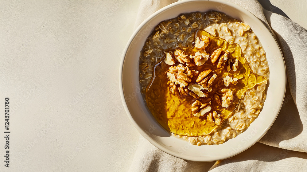 A wholesome oatmeal bowl garnished with walnuts and honey, set against a backdrop of bold shadows from leaves. A wholesome oatmeal bowl garnished with walnuts and honey, set against a backdrop of bold shadows from leaves.