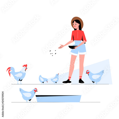 Woman Feeding Chickens On A Farm, Rural Agriculture, And Livestock Care In Flat Vector Illustration Symbolizing Sustainable Farming And Animal Care, Isolated On White Background.