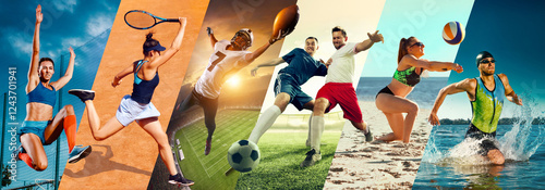 Beach and court sports. Tennis, football, American football, volleyball, and swimming athletes captured mid-action. Speed and endurance. Concept of professional sport. Horizontal banner, ads.