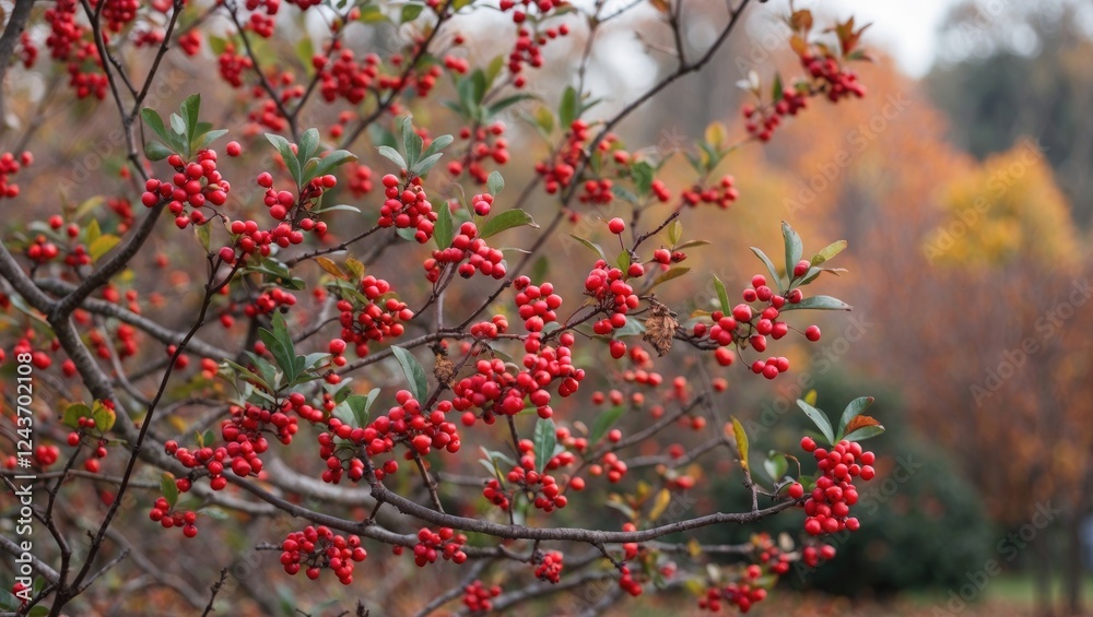 Vibrant Cotoneaster bush adorned with bright red berries against a blurred autumn backdrop showcasing the colors of fall in the park Vibrant Cotoneaster bush adorned with bright red berries against a blurred autumn backdrop showcasing the colors of fall in the park