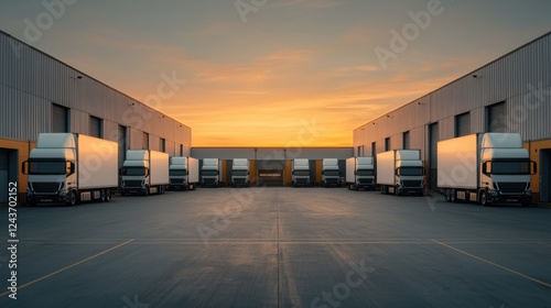 Aerial view of a busy logistics hub with numerous trucks coming and going during the evening as the sun sets in the background