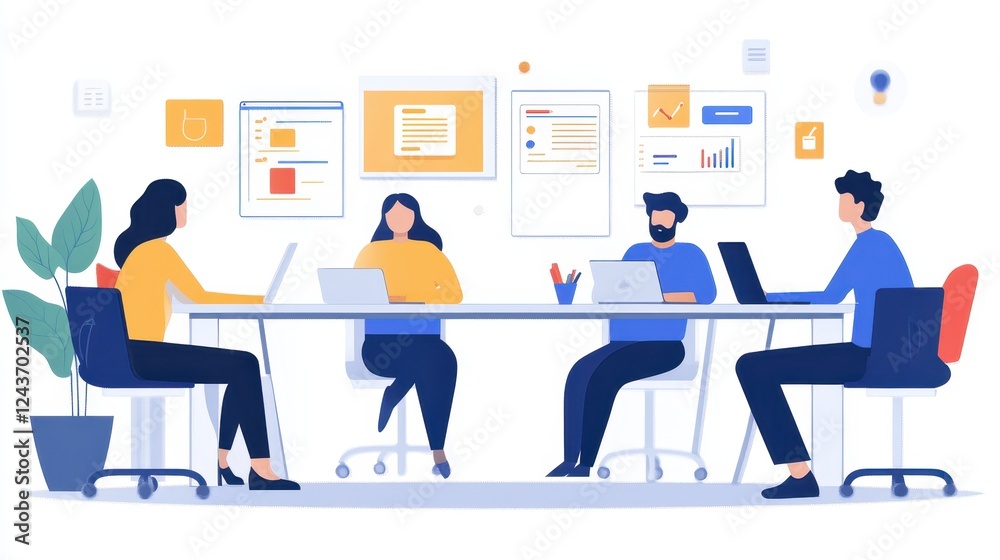 Modern Office Workspace with Diverse Team Collaborating on Laptops in Bright, Minimalist Setting with Charts and Plants Modern Office Workspace with Diverse Team Collaborating on Laptops in Bright, Minimalist Setting with Charts and Plants