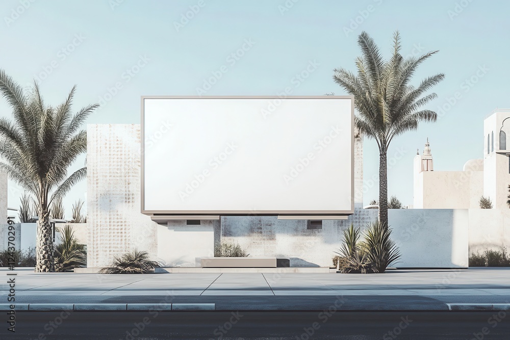 Obraz premium Blank Billboard Mockup on a Sunny Street with Palm Trees