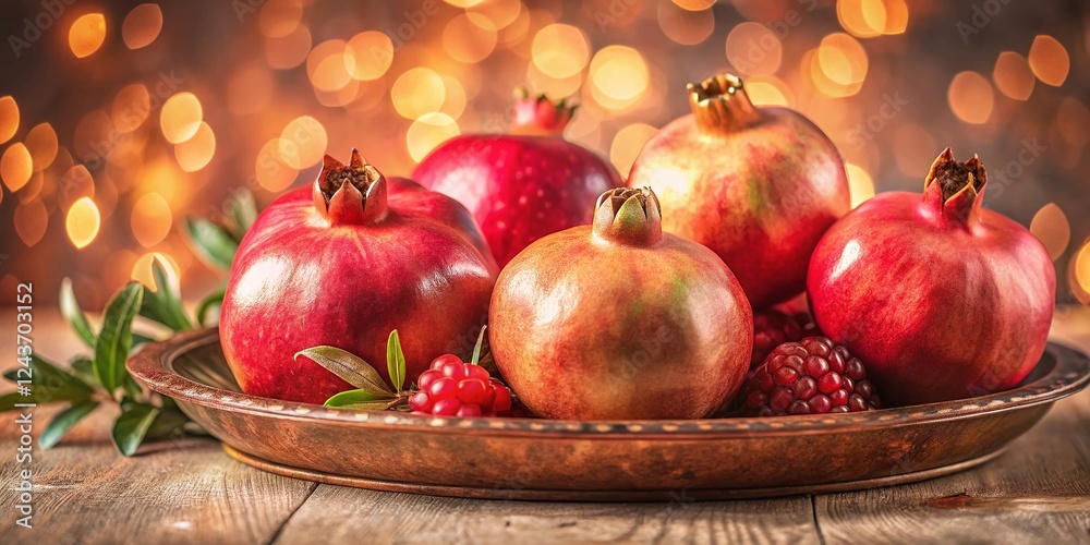 Luxurious Pomegranates: Copper Tray, Peach Background, Bokeh Luxurious Pomegranates: Copper Tray, Peach Background, Bokeh