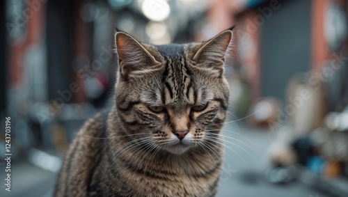 A melancholy street cat gazes into the distance, embodying the sentiment of urban solitude and resilience. photo