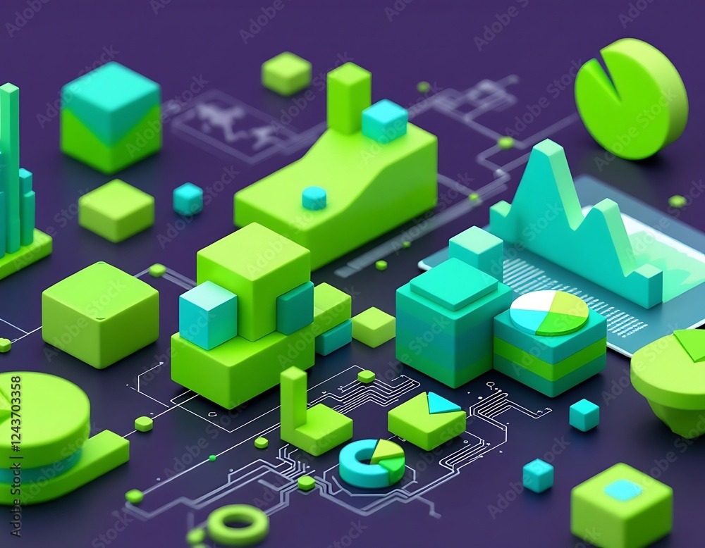 Obraz premium Abstract 3d Data Visualization Green and Teal Charts