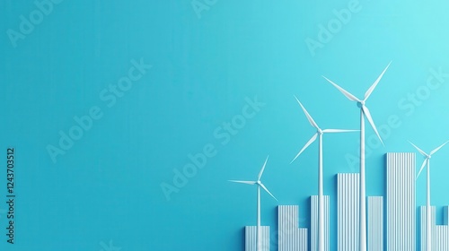 Modern city skyline with simple, stylized wind turbines in the background photo