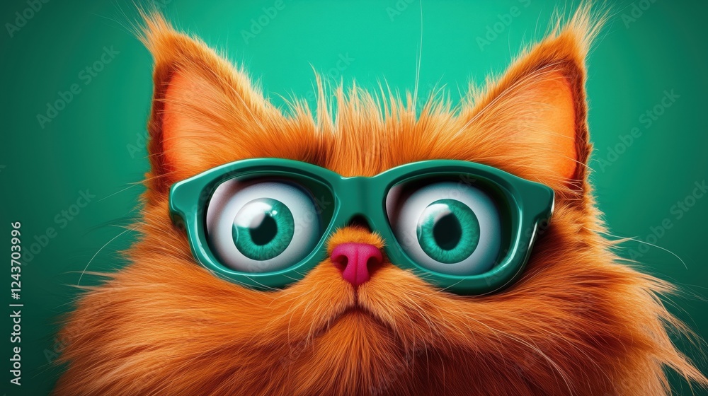 Fototapeta premium A fluffy orange cat wearing green glasses, looking curiously at the camera against a teal background.