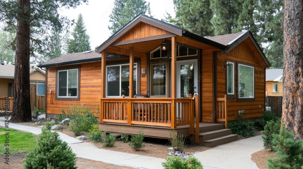 A cozy wooden house with a welcoming porch surrounded by greenery. A cozy wooden house with a welcoming porch surrounded by greenery.