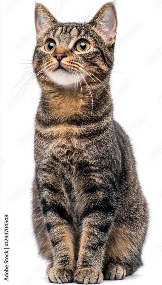 Obraz premium A Captivating Domestic Tabby Cat with Striking Green Eyes Posing Gracefully Against a White Background
