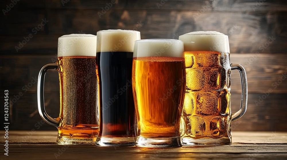 Four Glasses of Beer on Wooden Table, Warm and Inviting Ambiance, Perfect for Social Gatherings and Relaxation
Four Glasses of Beer on Wooden Table, Warm and Inviting Ambiance, Perfect for Social Gatherings and Relaxation