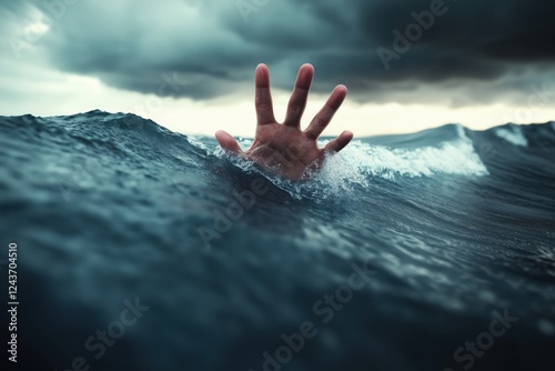 A hand emerging from turbulent ocean waves under a cloudy sky.