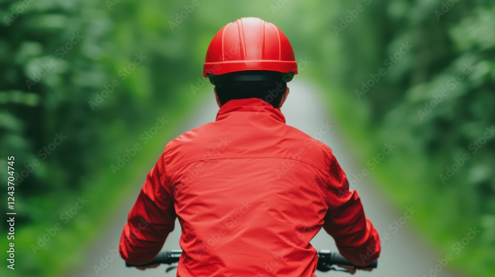 Obraz premium A delivery cyclist in a red jacket and helmet riding their bicycle along a scenic trail through a lush green urban park on a bright sunny day