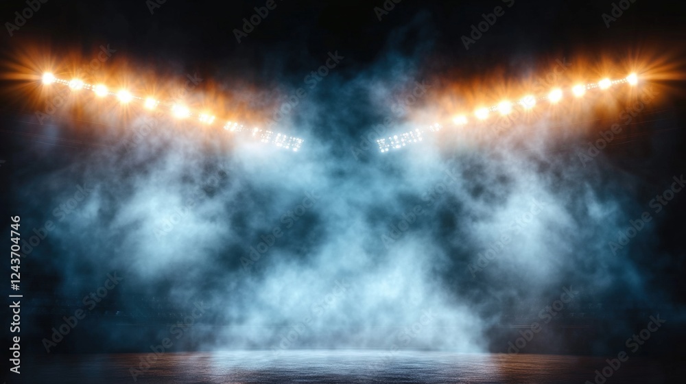 Fototapeta premium Bright Lights Illuminate Arena in Dramatic Fashion Surrounded by Smoke and Darkness for Energetic Atmosphere in Large Stadium Setting