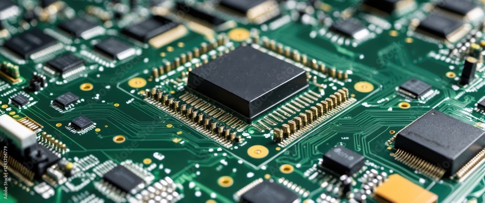 Detailed close-up of a complex green computer circuit board showcasing intricate electronic components and connections emphasizing technology and design. Detailed close-up of a complex green computer circuit board showcasing intricate electronic components and connections emphasizing technology and design.