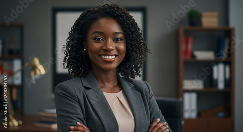 A african american female lawyer, exuding confidence and warmth, standing in a modern office environment.
