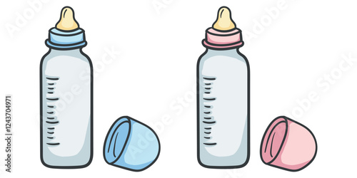 Bottles with pacifier for boys and girls. Color vector illustration isolated on white background. Editable image for children's book, sticker, poster