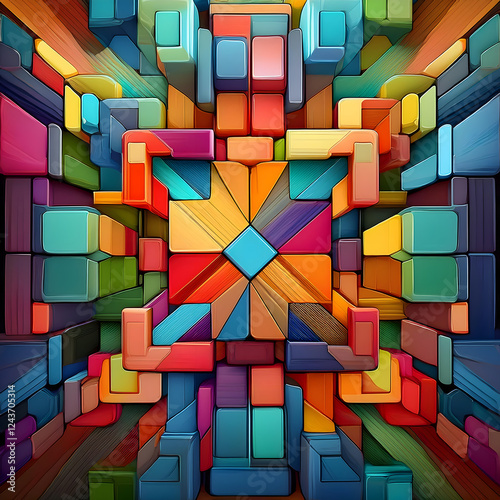 Abstract image with repeating colorful squares and rectangles forming a symmetrical pattern, perfect for background.