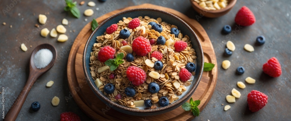 Healthy muesli bowl topped with fresh raspberries and blueberries served on rustic wooden table with almonds and mint leaves Healthy muesli bowl topped with fresh raspberries and blueberries served on rustic wooden table with almonds and mint leaves