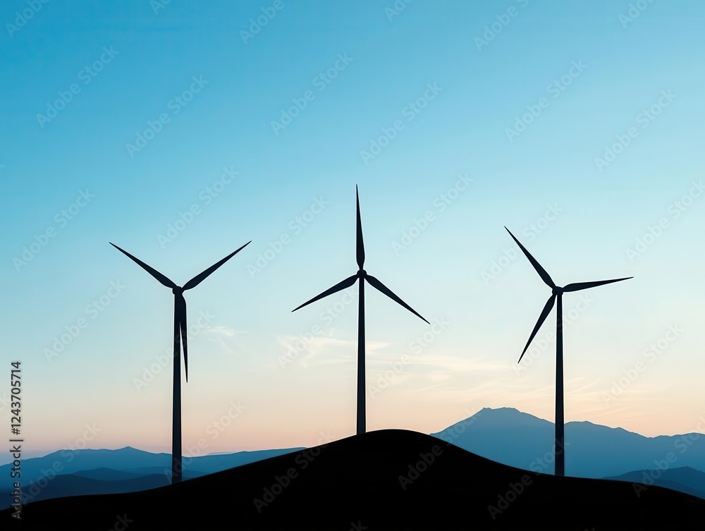 Obraz premium Silhouetted mountain landscape with subtle wind turbines blending into the horizon