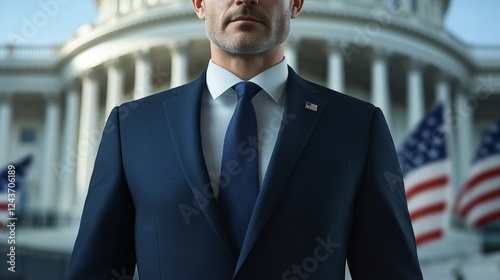 closeup of a man in suit with white house background