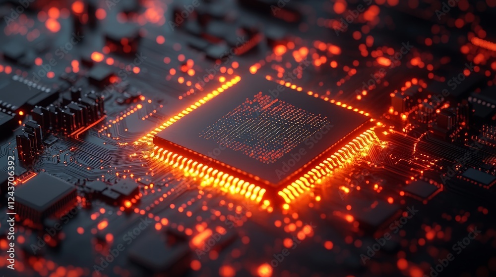 A futuristic digital circuit board with glowing lines and microchips, representing technological advancement and innovation. Perfect for tech-related content, cybersecurity, and AI themes. A futuristic digital circuit board with glowing lines and microchips, representing technological advancement and innovation. Perfect for tech-related content, cybersecurity, and AI themes.