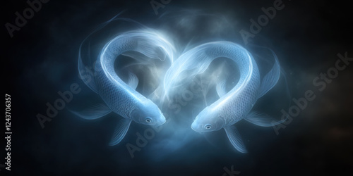 Five patronus style fish swim together in a figure eight with atmospheric glow