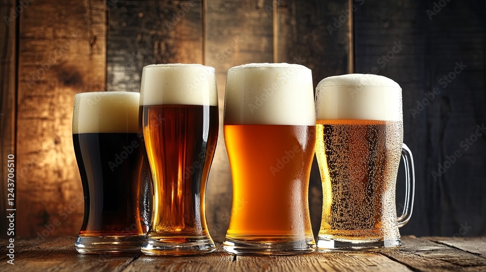 Four Glasses of Beer on Wooden Table, Warm and Inviting Ambiance, Perfect for Social Gatherings and Relaxation
Four Glasses of Beer on Wooden Table, Warm and Inviting Ambiance, Perfect for Social Gatherings and Relaxation